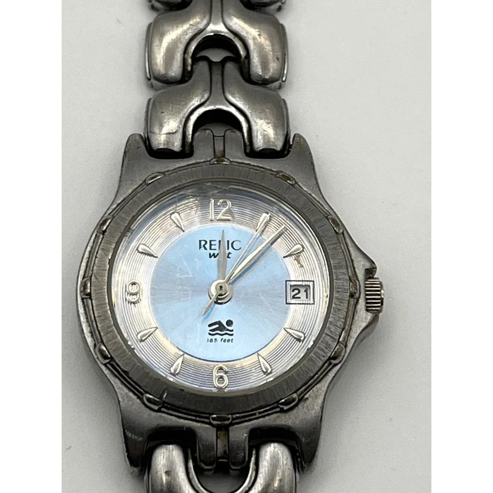 Relic Wet Womens Watch Silver Tone Blue Dial Date ZR11597 Water Resistant 165ft
